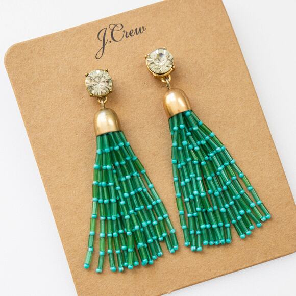 J.CREW Mixed Beaded Tassel Earrings Frosty Emerald Green - Picture 3 of 6